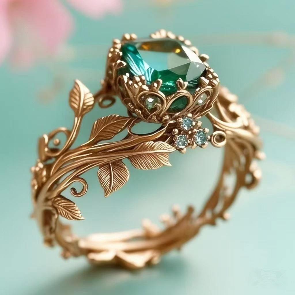 Women's Vintage Green Crystal Vine Ring