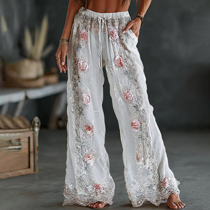 Women's Vintage Spring Floral Embroidered Art Print Flowy Linen Blend Casual Pants
