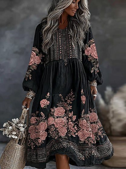 Women's Vintage Floral Art Flowy Linen Blend Casual Round Neck Long Sleeve Maxi Dress