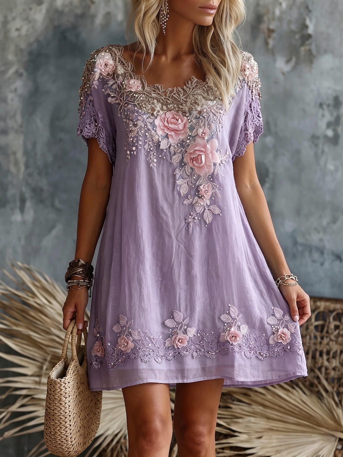 Women's Retro Rose Floral Embroidery Pattern Short Sleeve Linen Dress