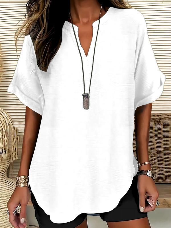 📦📦Women's Plain Short Sleeve Blouse, Casual Solid Color Top for Daily Wear, Ladies Clothes for All Seasons