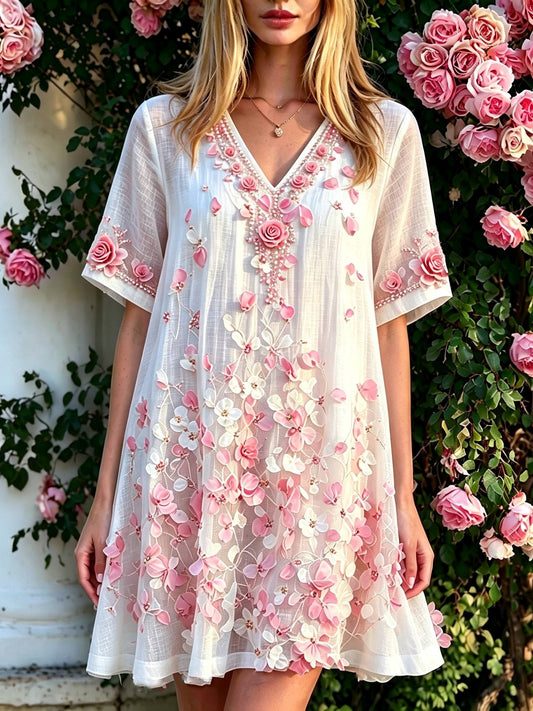 Women's Pink Rose Floral Print V-neck Dress