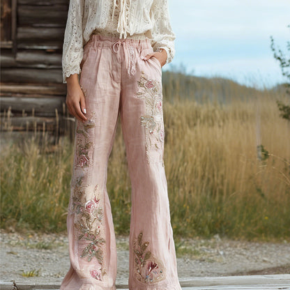 Vintage Boho Pink Roses Embroidered Cozy Linen Pants