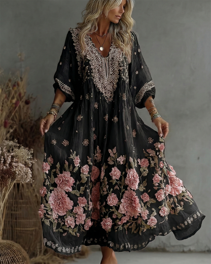Women's Retro Floral Art Flowy Linen Blend Casual Long Sleeve Maxi Dress