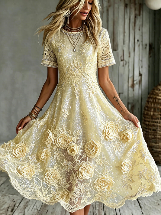Women's Rose Art Embroidered Linen Blend Round Neck Maxi Dress