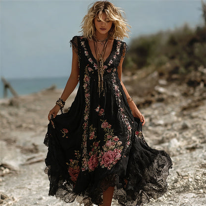 Vintage Boho Pink Roses Lace Flowy Linen Maxi Dress