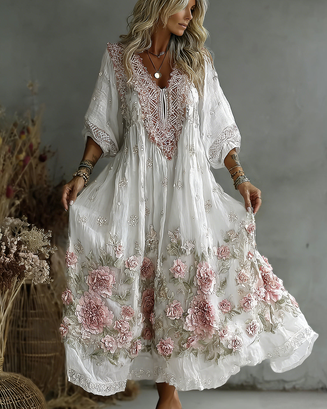 Women's Retro Floral Art Flowy Linen Blend Casual Long Sleeve Maxi Dress