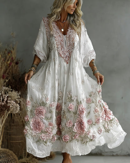 Women's Retro Floral Art Flowy Linen Blend Casual Long Sleeve Maxi Dress