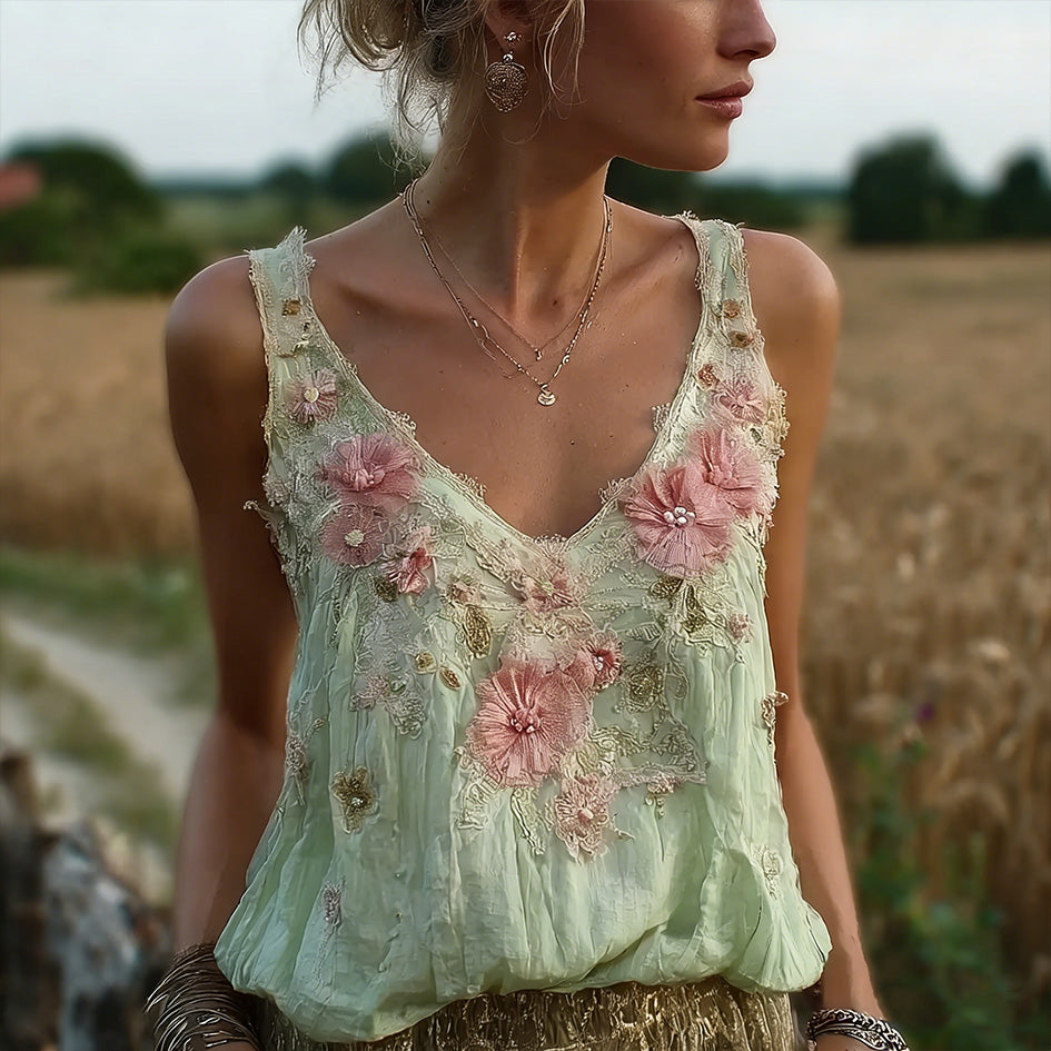 Bohemian Retro Pink Floral Pattern Women's Sleeveless Thin Shoulder Strap Vest
