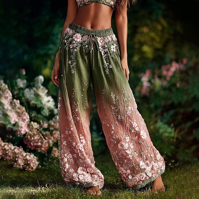 Women's Boho Floral Vine Ombre Cotton Lace Up Casual Pants