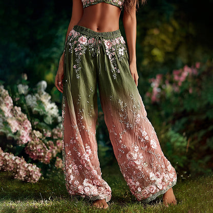 Women's Boho Floral Vine Ombre Cotton Lace Up Casual Pants