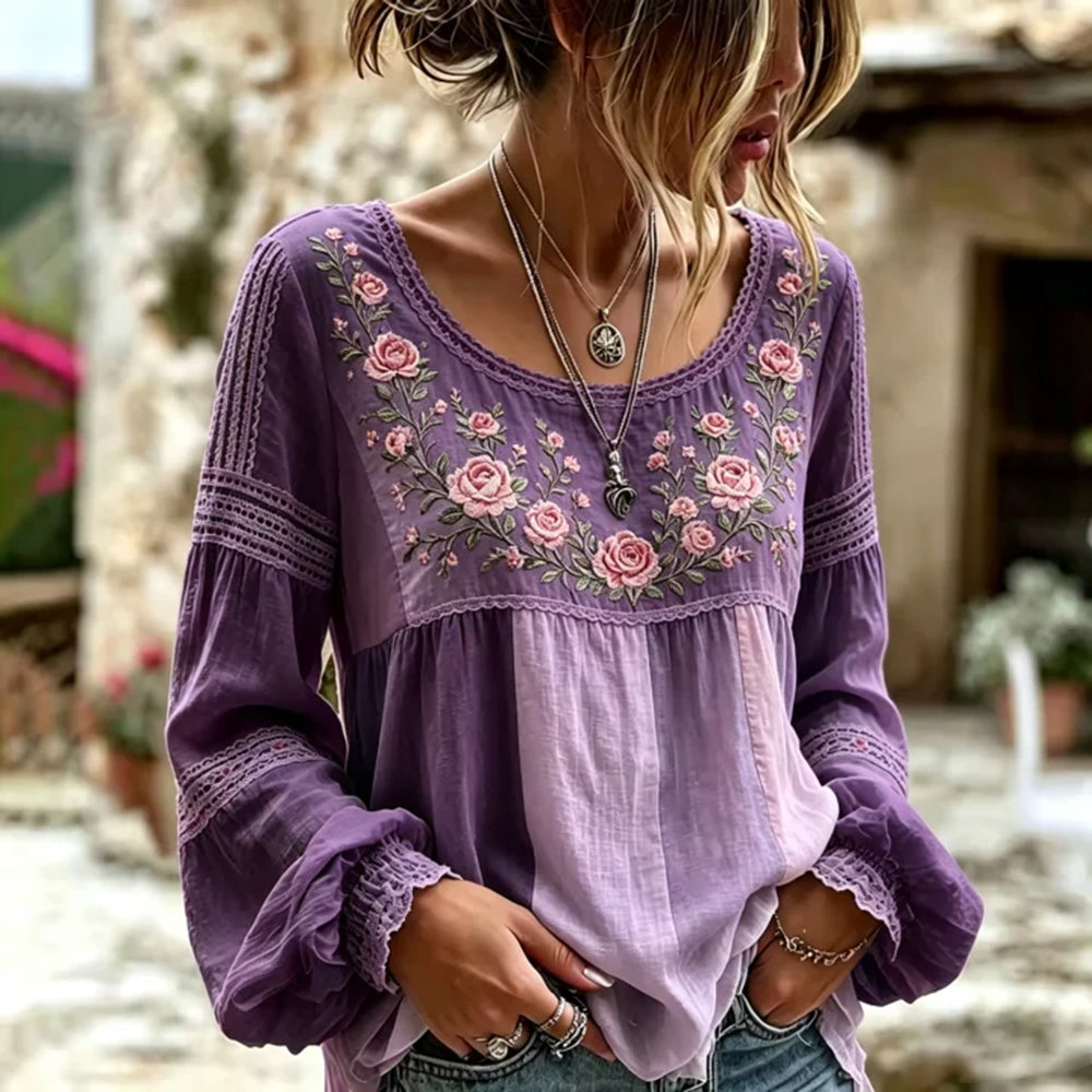 Women's Retro Rose Art Embroidery Color Block Comfortable Cotton Linen Long Sleeve Top