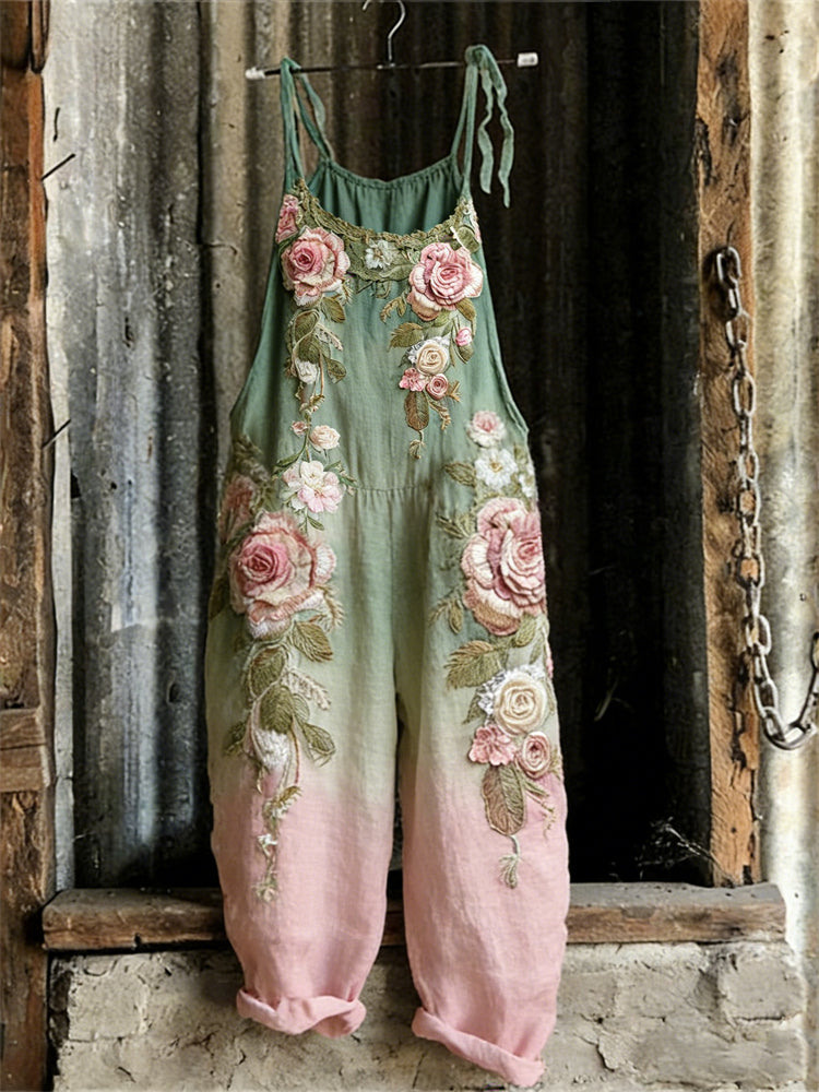 Vintage Pink Roses Contrast Gradient Linen Jumpsuit