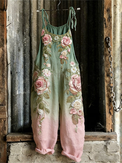 Vintage Pink Roses Contrast Gradient Linen Jumpsuit