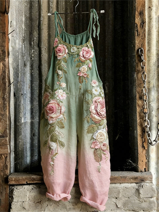 Vintage Pink Roses Contrast Gradient Linen Jumpsuit