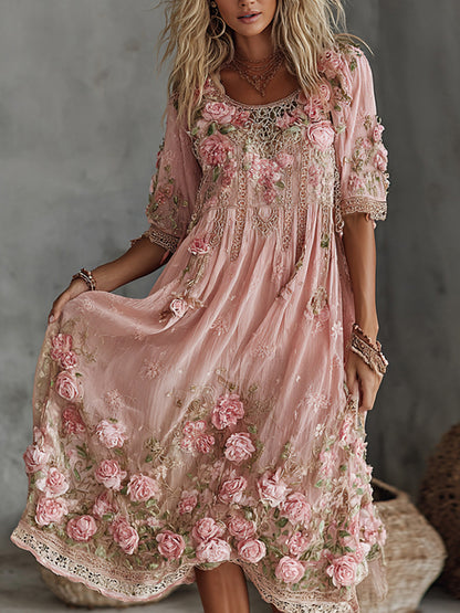 Women's Floral Roses Art Print Flowy Linen Blend Casual Short Sleeve Dress