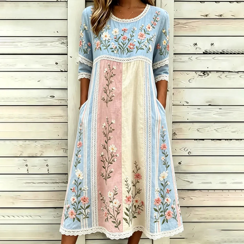 Women's Retro Floral Art Embroidered Patchwork Linen Blend Short Sleeve Dress