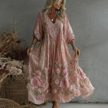 Women's Retro Floral Art Flowy Linen Blend Casual Long Sleeve Maxi Dress
