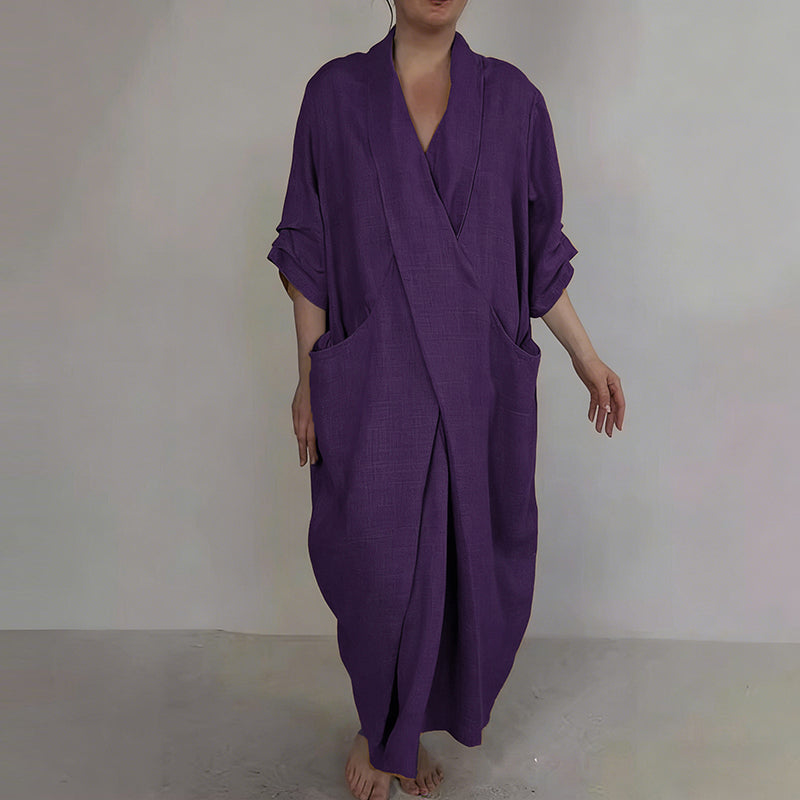 Retro Monk's Robe-style V-neck Cotton Linen Dress
