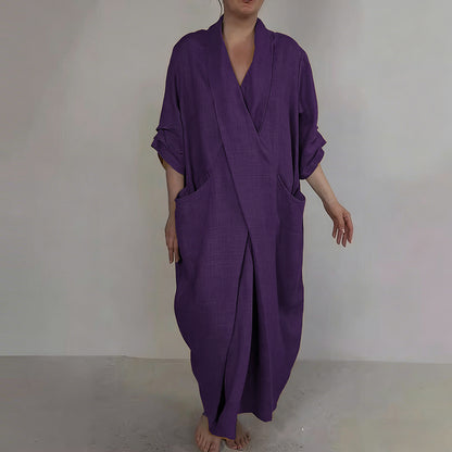 Retro Monk's Robe-style V-neck Cotton Linen Dress