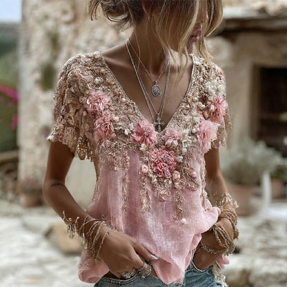 Women's Pink Roses Embroidered Art V-neck Short Sleeve T-shirt