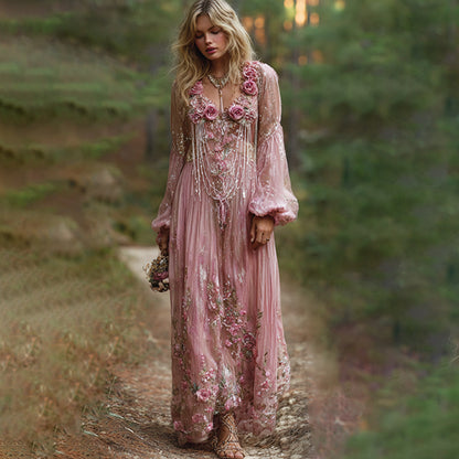 Bohemian Floral Beaded Pink V-neck Long Sleeve Dress