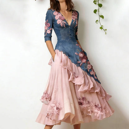 Women's Elegant Floral Embroidered Patchwork Art Midi Dress