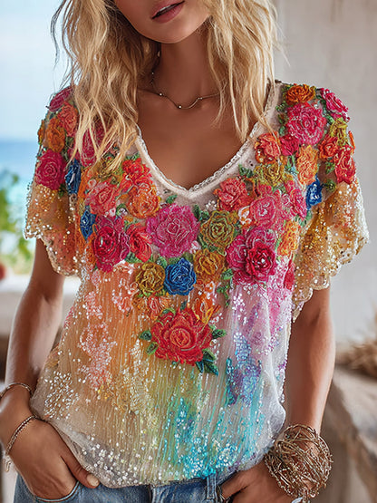 Women's Multicolor Floral Short-sleeve T-shirt