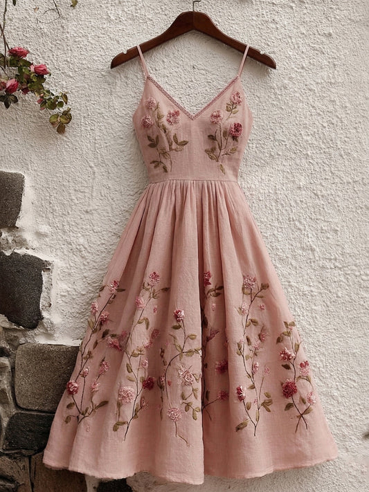 Women's Vintage Pink Roses Floral Art Flowy Linen Blend Casual Maxi Dress
