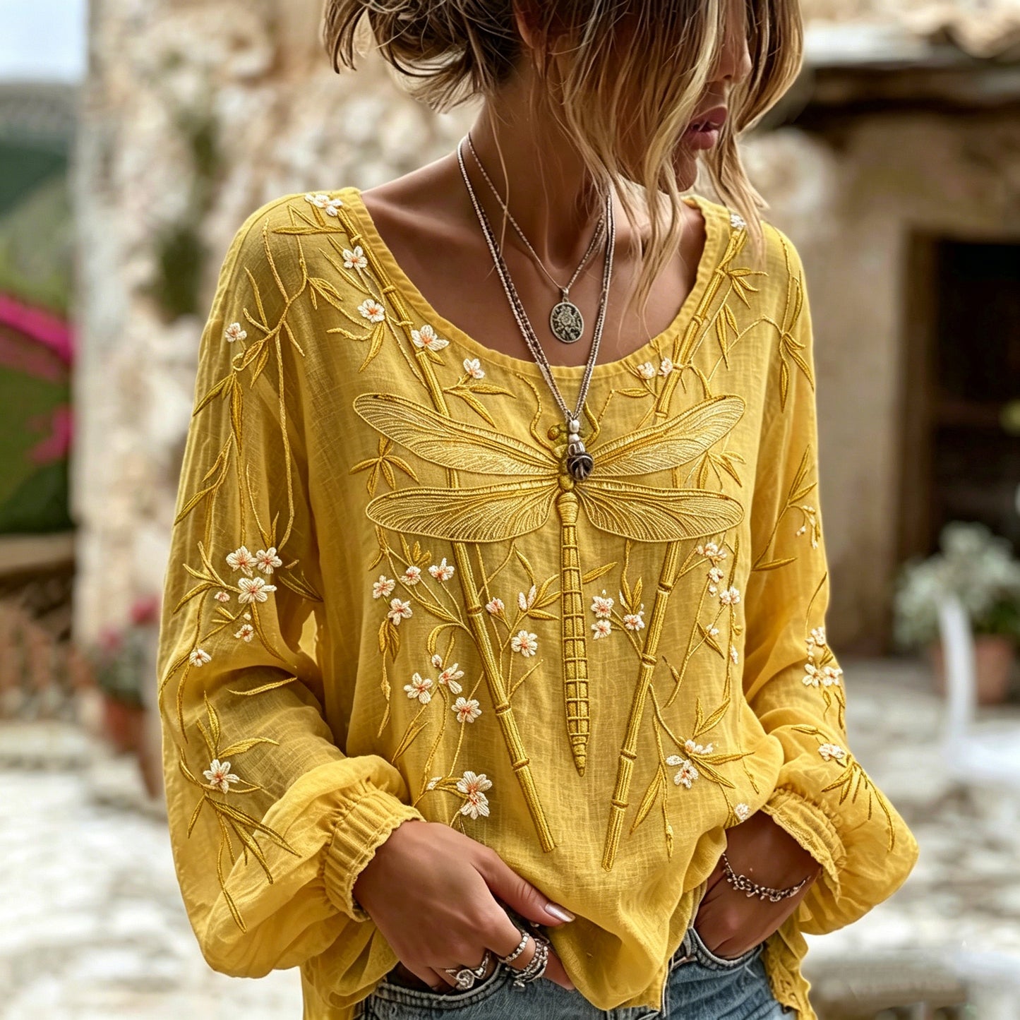 Women's Dragonfly Flower Art Crew Neck Long Sleeve Linen Blend T-shirt