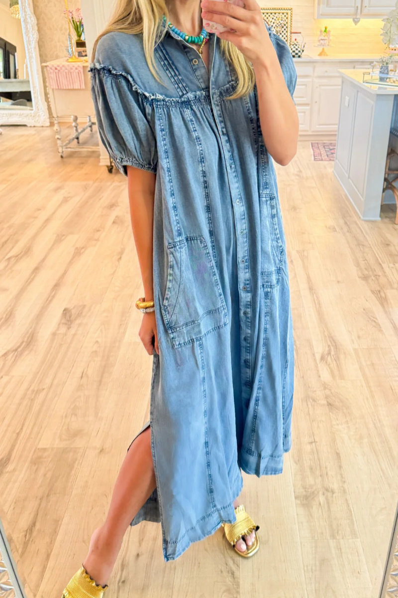 🎁New Arrivals🔥Denim Puff Sleeve Button Down Maxi Dress