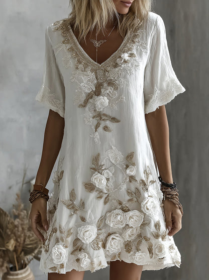 Women's Vintage Floral Art Comfy Linen V Neck Mini Dress