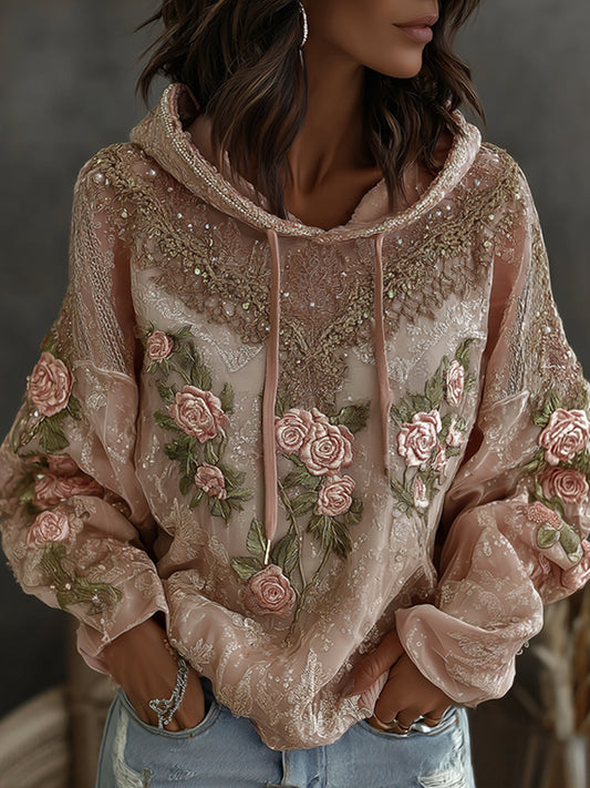 Women's Vintage Floral Embroidered Art Print Casual Hoodie
