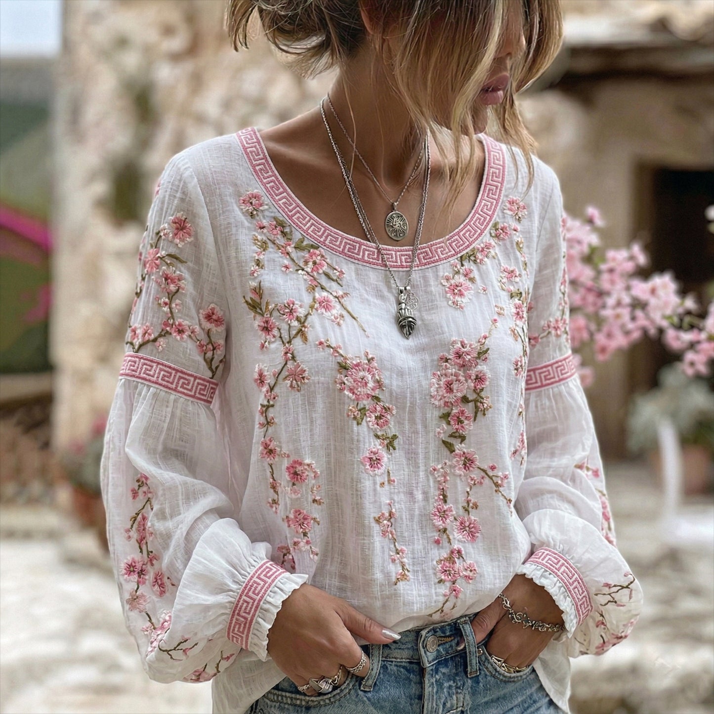 Women's Japanese Flower Art Crew Neck Linen Blend T-shirt