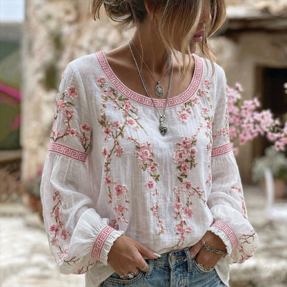 Women's Japanese Flower Art Crew Neck Linen Blend T-shirt