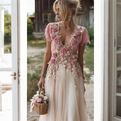 Vintage Pink Boho Roses Art V Neck Linen Maxi Dress