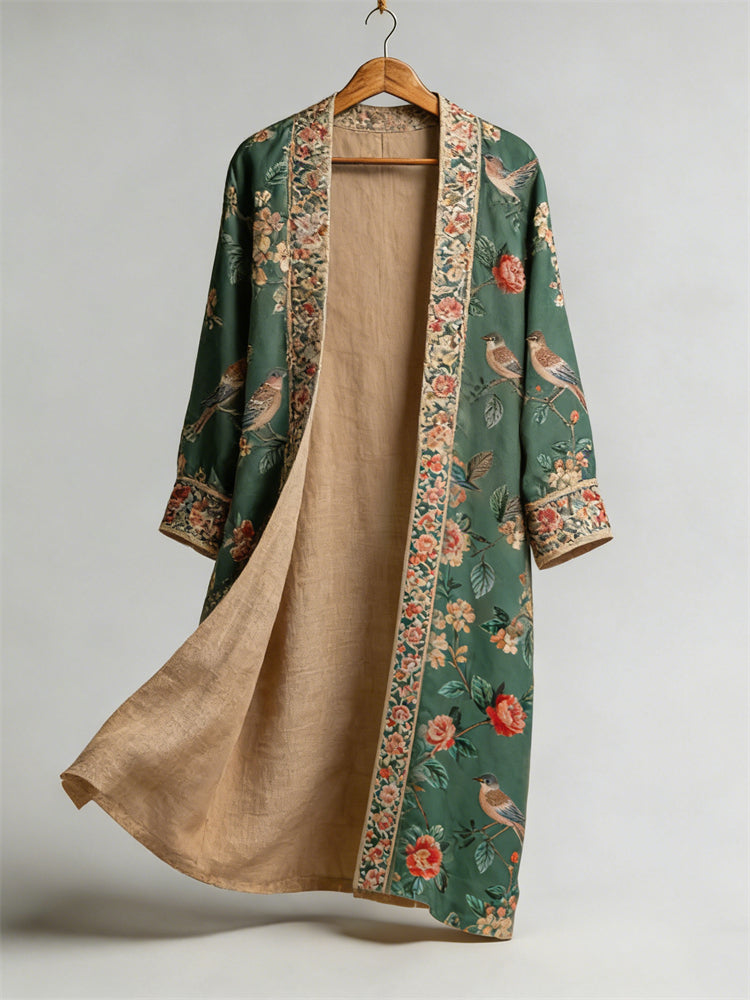 Vintage Boho Birds Floral Flowy Linen Long Kimono