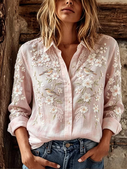 Women's Floral And Lace Pink Art Cotton Linen Long Sleeve Cardigan Shirt