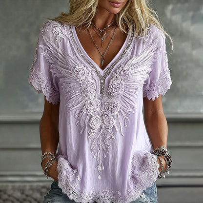 Women's Wing Rose Embroidery Art V Neck Short Sleeve T-shirt