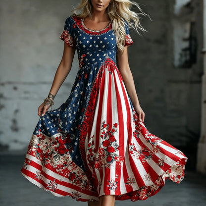 Women's Vintage Independence Day Rose Pattern Casual Crew-neck Dress