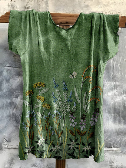 Vintage Embroidered Fresh Floral Cotton T-shirt