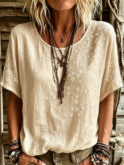 Women's Vintage Floral Art Linen Blend T-shirt
