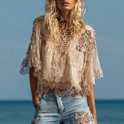 Women's Bohemian Floral Embroidered Crew Neck T-shirt