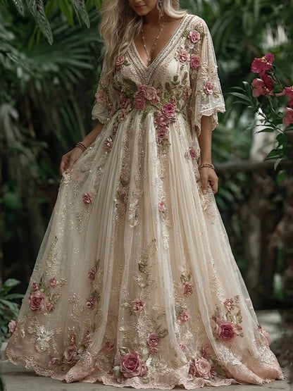 Women's Vintage Roses Embroidery Art V-neck Maxi Dress