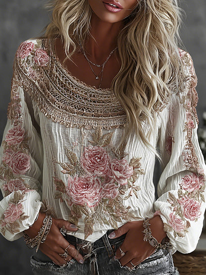 Women's Floral Embroidered Art Print Flowy Linen Blend Casual Tops