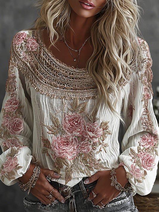Women's Floral Embroidered Art Print Flowy Linen Blend Casual Tops