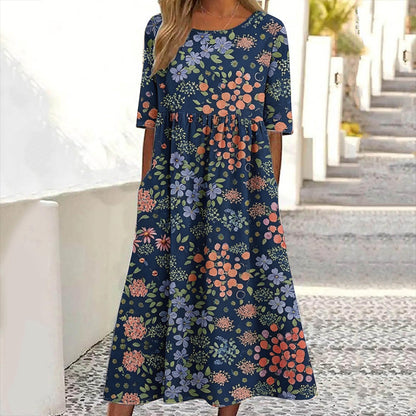 Women's Floral Print Crew Neck Linen Blend Casual Midi Dress