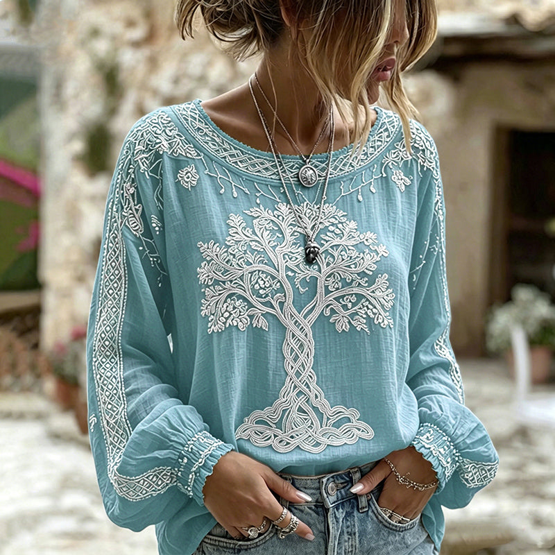 Women's Retro Viking Tree Of Life Pattern Casual Linen Blend T-shirt