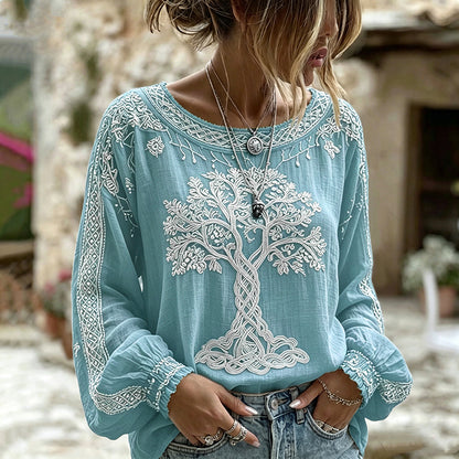 Women's Retro Viking Tree Of Life Pattern Casual Linen Blend T-shirt
