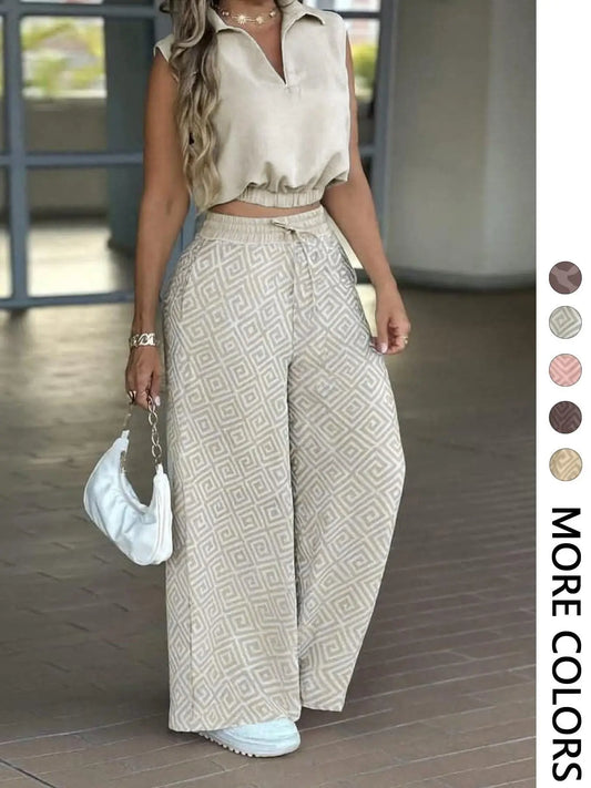 2-Piece Women's Casual Commuter Set, Womenswear Sleeveless Collared Waist-Defined Top with High-Waisted Drawstring Adjustable Wide-Leg Pants